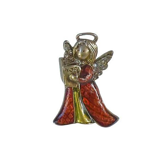 1990s Enamel & Rhinestone Gold Plate Caroling Angel Cristmas Figural Pin Brooch - Picture 3 of 3